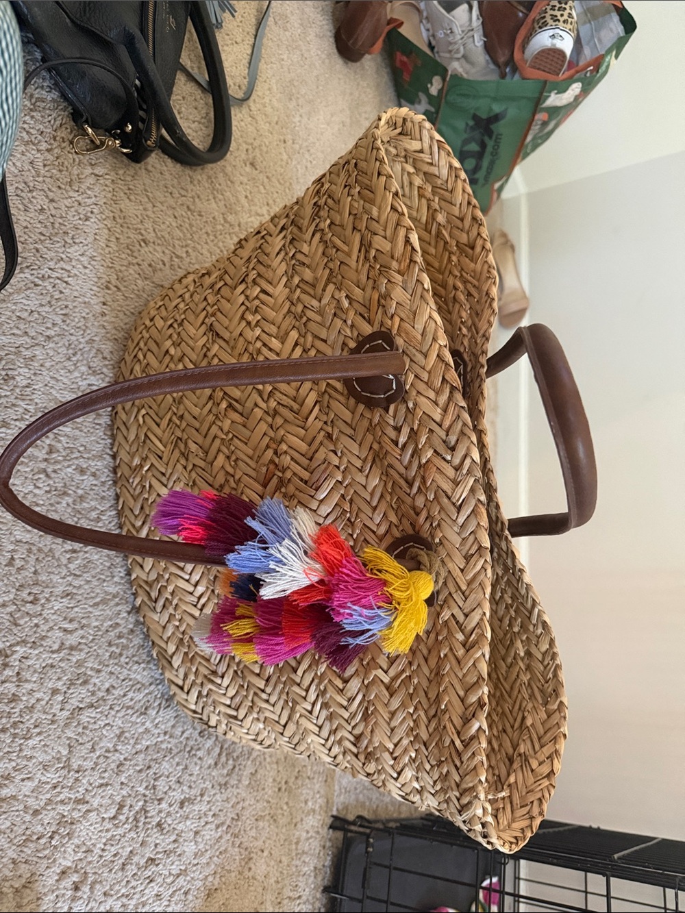 Kids Multicolor Tassel Straw Tote Bag with Brown Handles